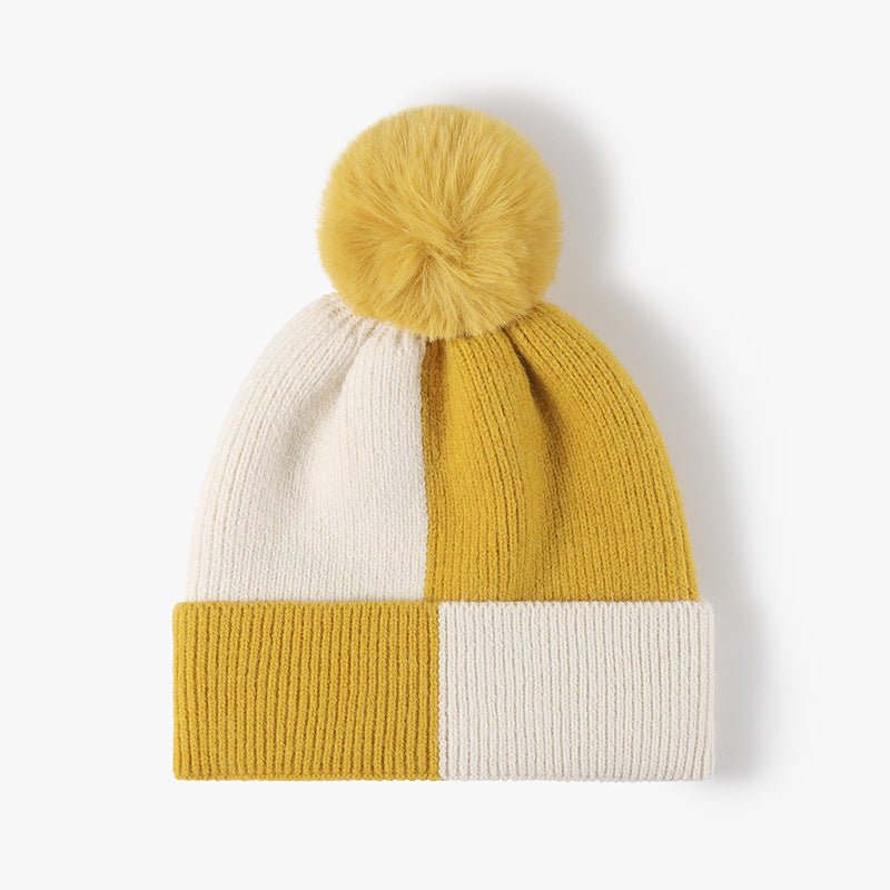 Color Block Knit Hat with Pom-pom-HATS-[Adult]-[Female]-Yellow-One Size-2022 Online Blue Zone Planet