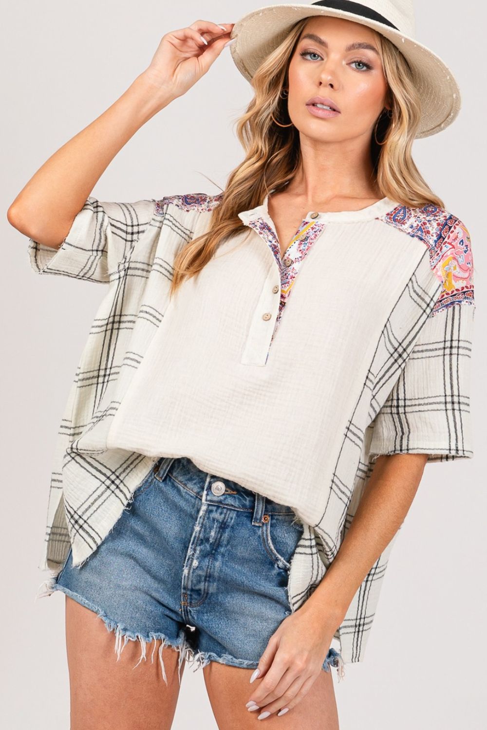 Blue Zone Planet | SAGE + FIG Plaid Half Button Gauze Top-TOPS / DRESSES-[Adult]-[Female]-Ivory-S-2022 Online Blue Zone Planet
