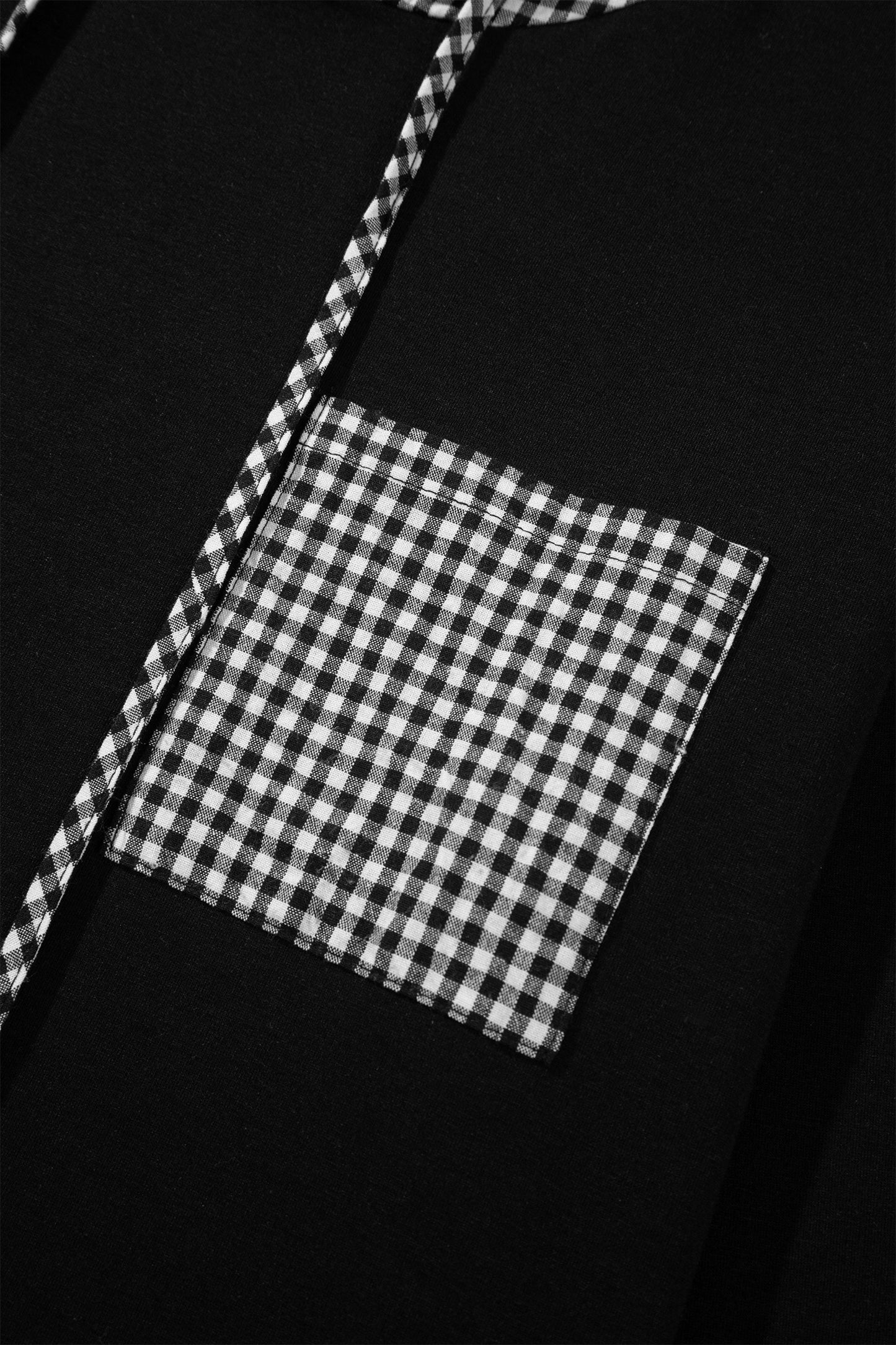 Black Hooded Gingham Paneling Chest Patch Pocket Long Sleeve Plus Size Blouse-Tops / Dresses-[Adult]-[Female]-2022 Online Blue Zone Planet