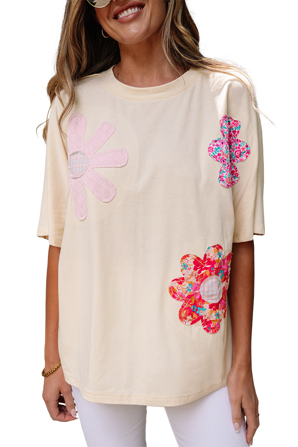 Apricot Flower Patched Exposed Stitching Trim Crew Neck Loose Tee-Tops/Tops & Tees-[Adult]-[Female]-2022 Online Blue Zone Planet