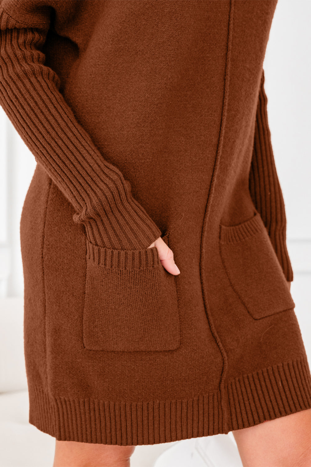 Chestnut Ribbed High Neck Front Pockets Center Seam Shift Sweater Dress-Sweaters & Cardigans/Sweater Dresses-[Adult]-[Female]-2022 Online Blue Zone Planet