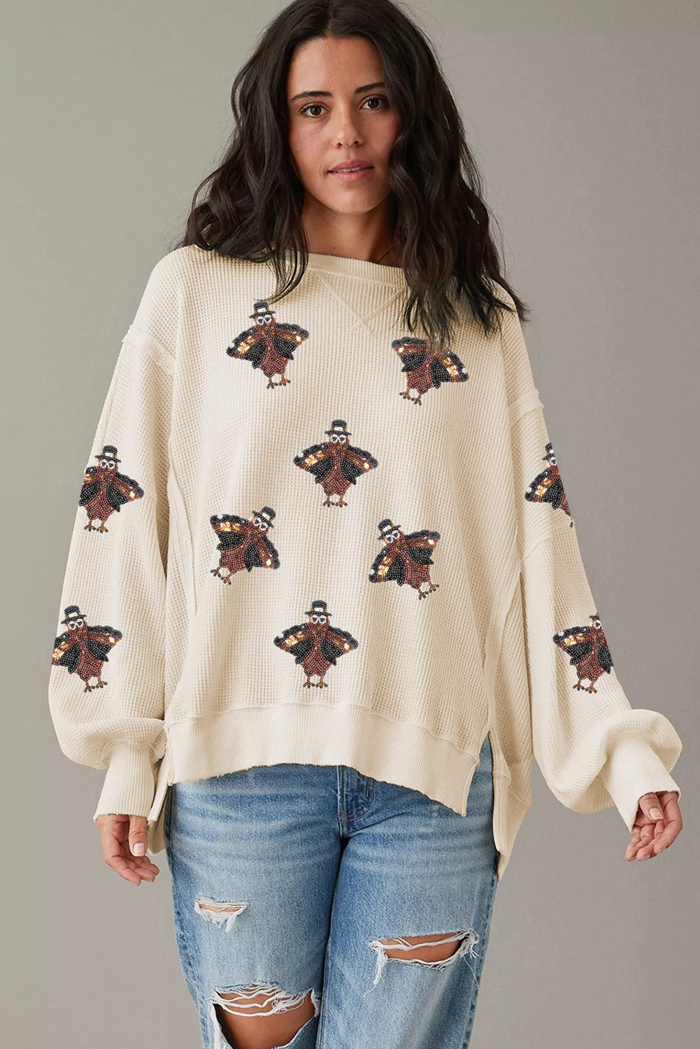 White Thanksgiving Turkey Waffle Oversized Knit Top-Graphic/Graphic Long Sleeve Tees-[Adult]-[Female]-2022 Online Blue Zone Planet