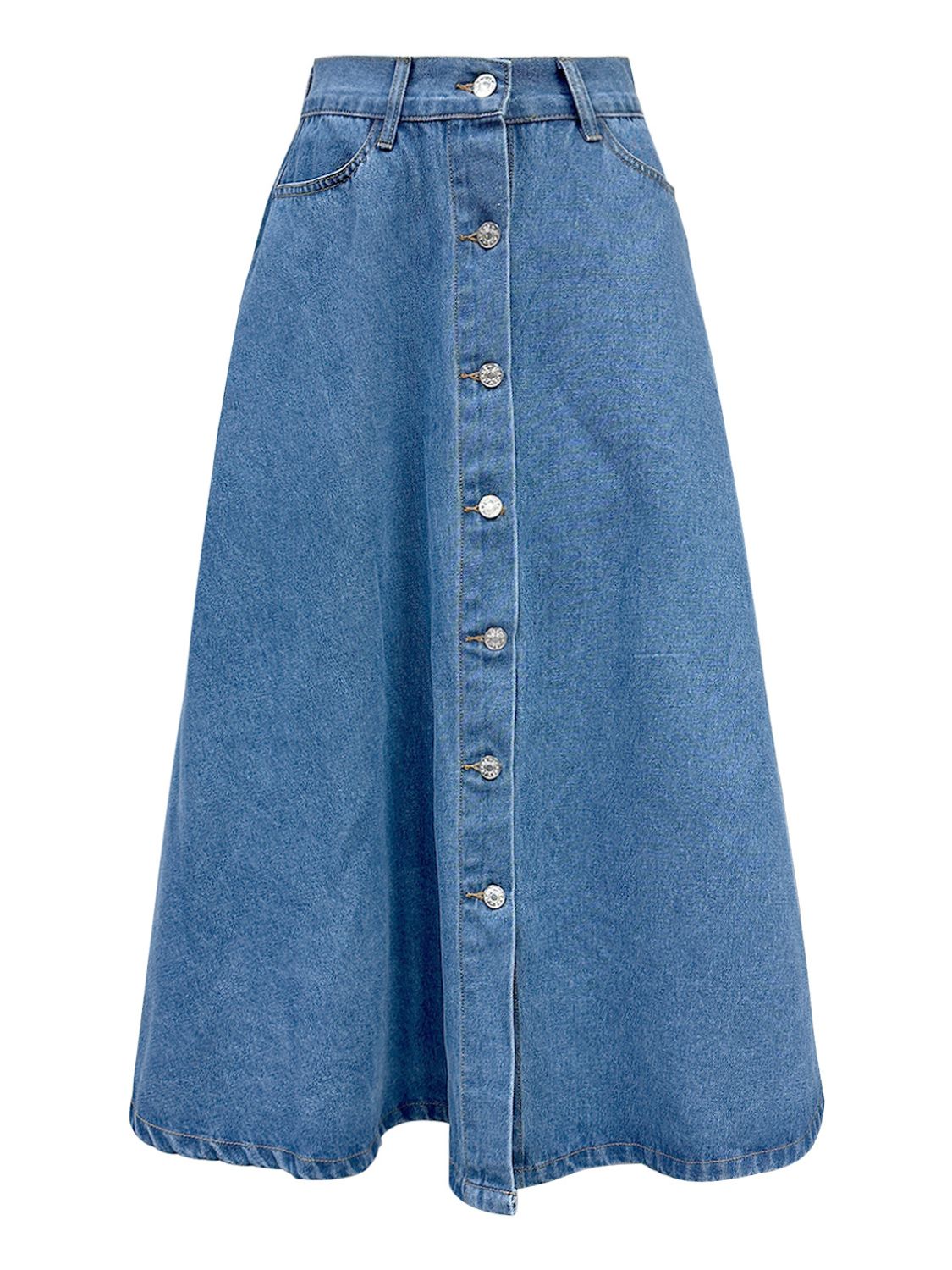 Buttoned Midi Denim Skirt with Pockets-BOTTOMS SIZES SMALL MEDIUM LARGE-[Adult]-[Female]-2022 Online Blue Zone Planet