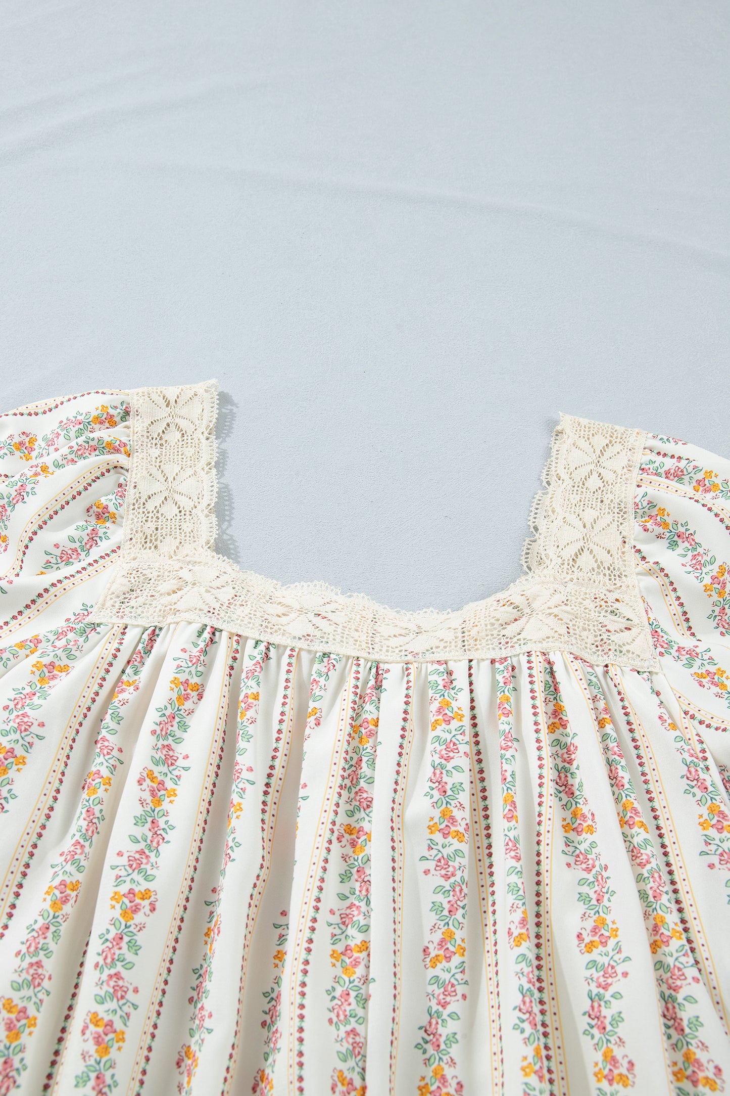 Multicolour Floral Print Contrast Ribbon Bow Lace Trim Square Neck Mini Dress-TOPS / DRESSES-[Adult]-[Female]-2022 Online Blue Zone Planet