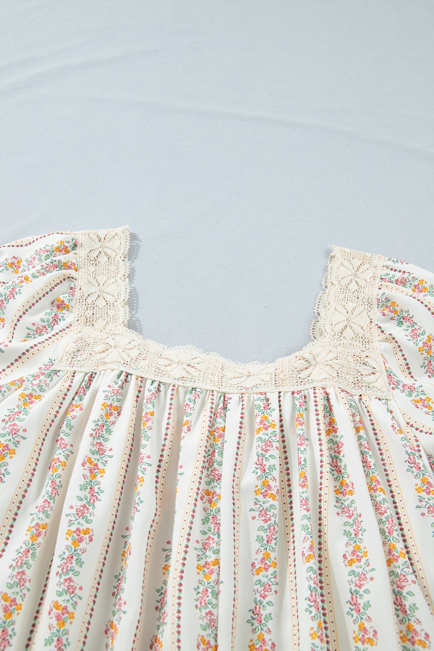Multicolour Floral Print Contrast Ribbon Bow Lace Trim Square Neck Mini Dress-TOPS / DRESSES-[Adult]-[Female]-2022 Online Blue Zone Planet