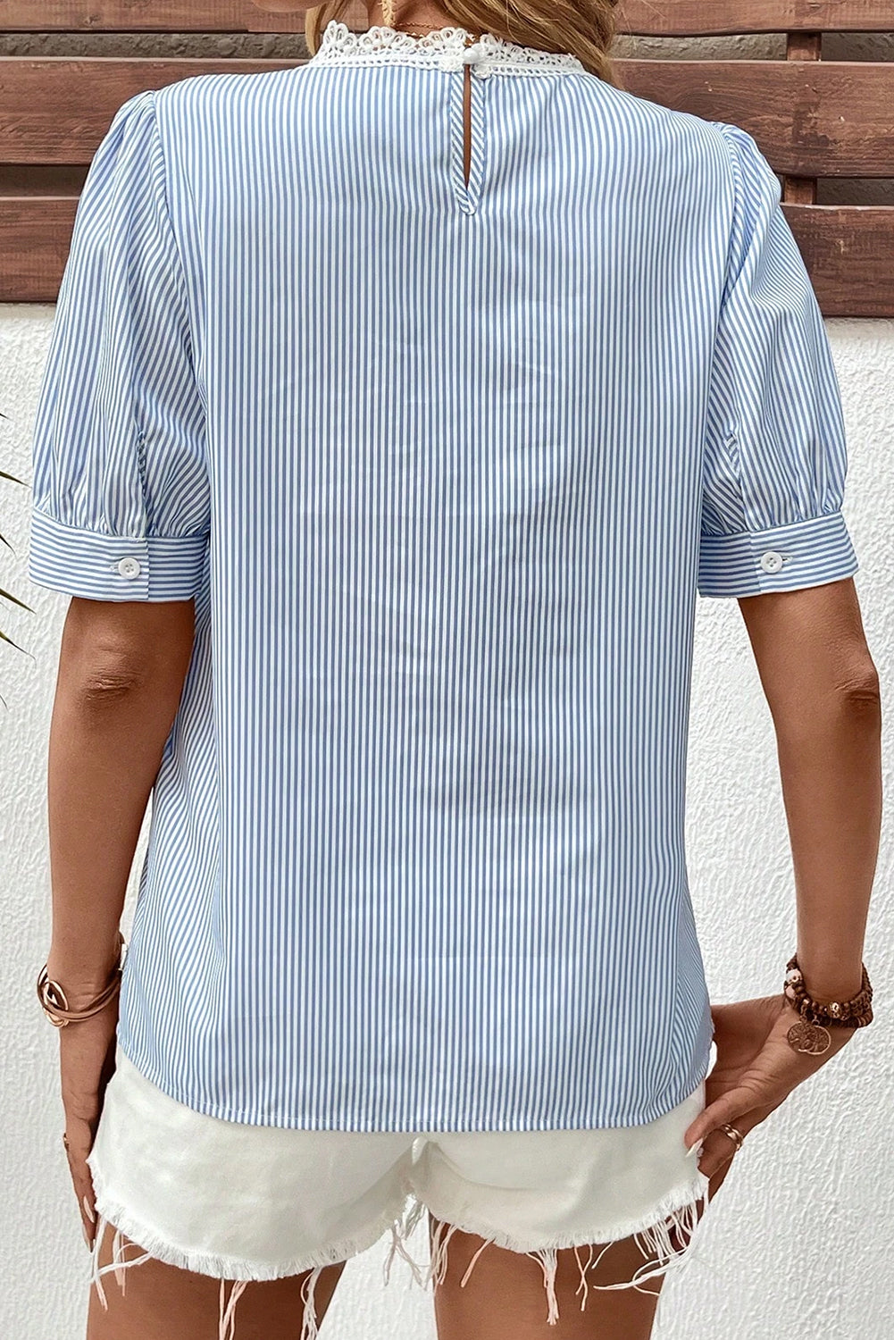 Sky Blue Stripe Floral Lace Splicing Puff Sleeve Blouse-Tops/Blouses & Shirts-[Adult]-[Female]-2022 Online Blue Zone Planet