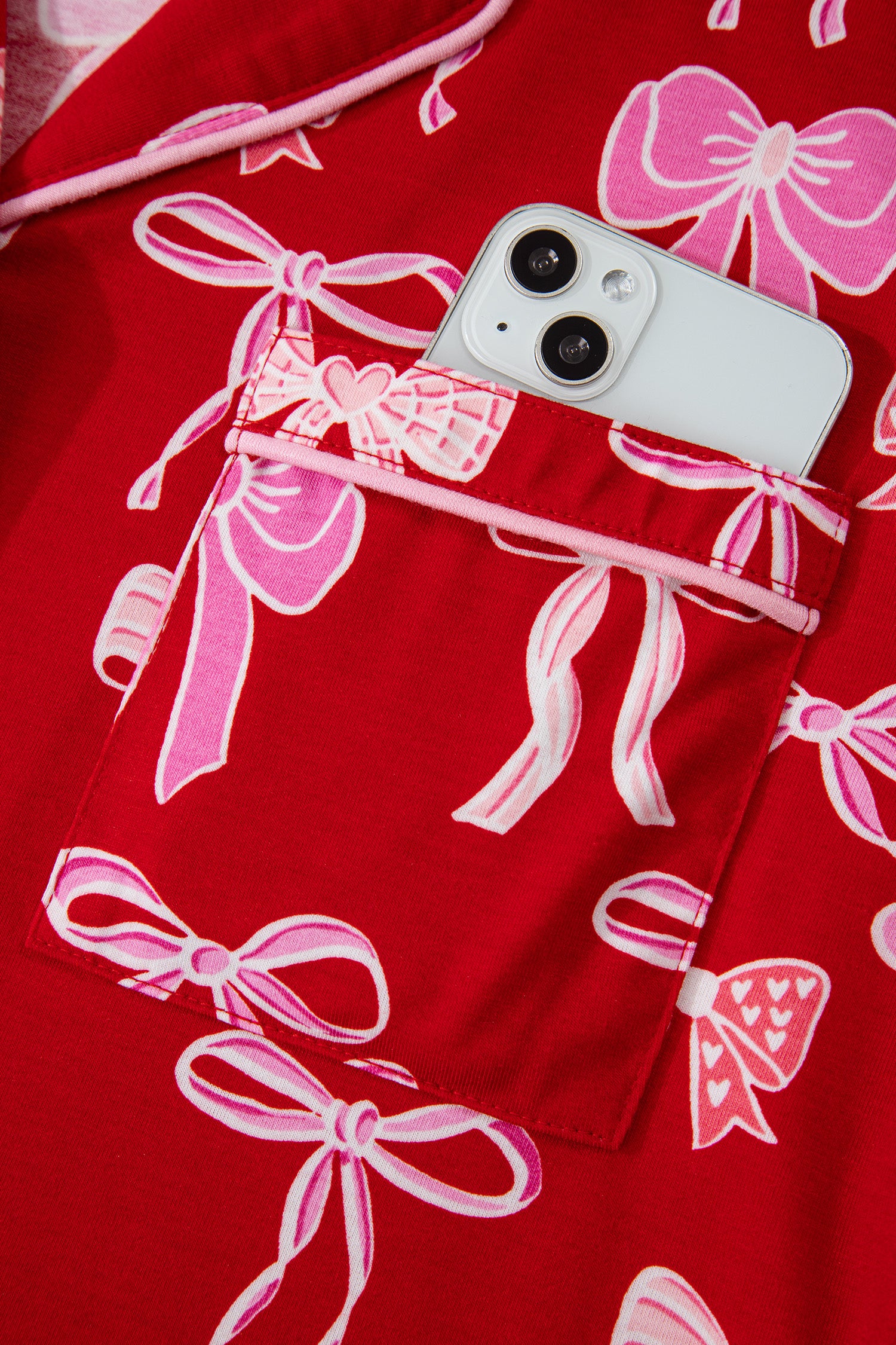 Red Sweet Bow Print Shirt Style Top Long 2pcs Pajama Set-Loungewear & Sleepwear/Sleepwear-[Adult]-[Female]-2022 Online Blue Zone Planet