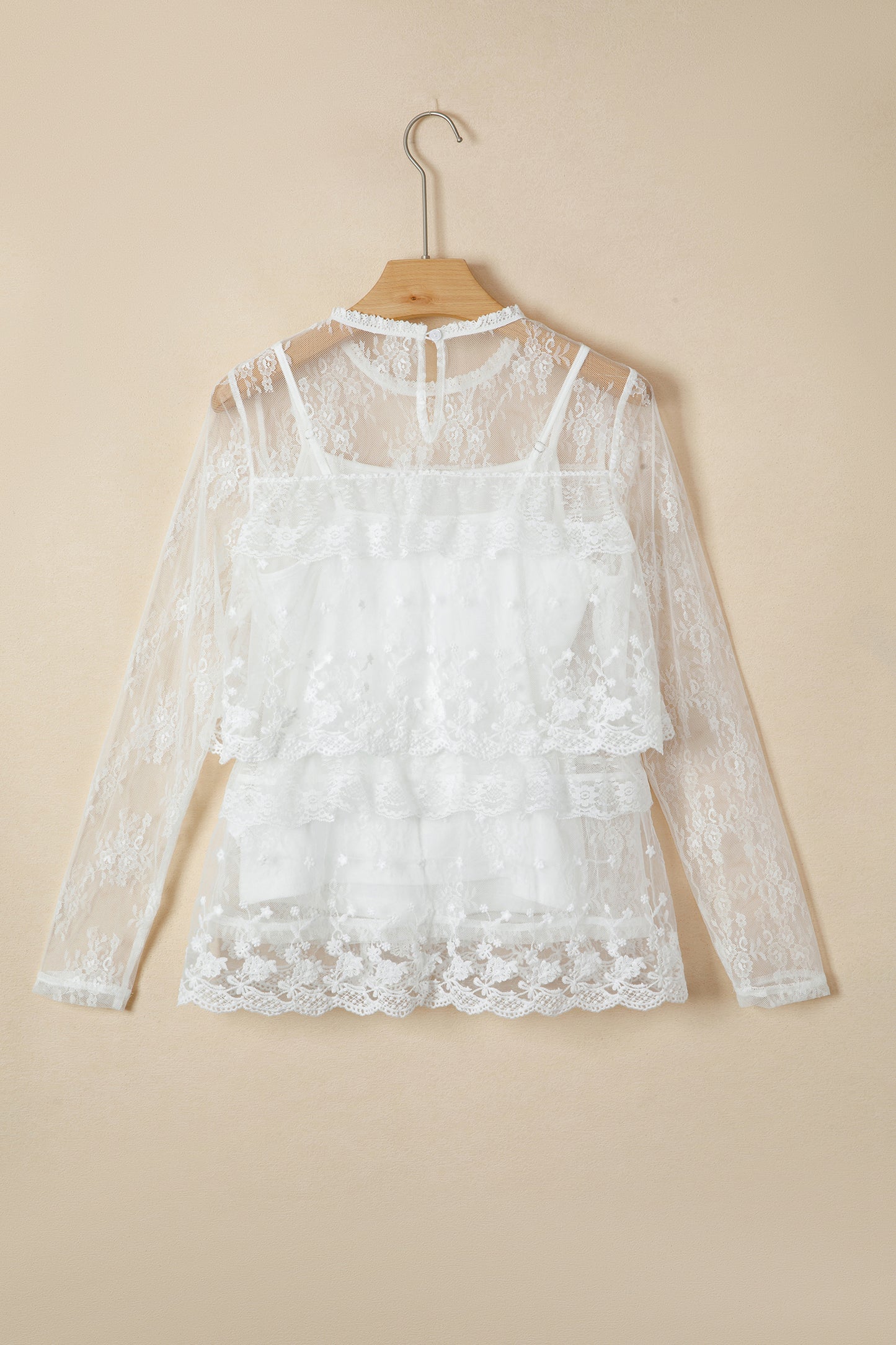 White 2pcs Sheer Floral Lace Ruffle Tiered Patchwork Blouse-Tops/Blouses & Shirts-[Adult]-[Female]-2022 Online Blue Zone Planet