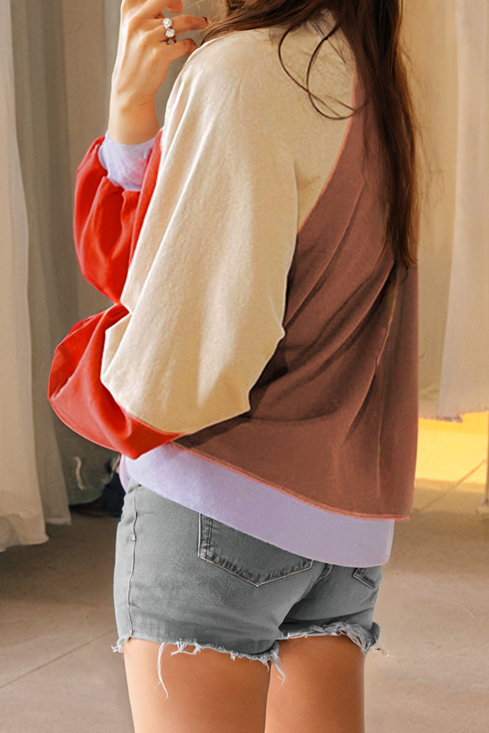 Orange Color Block Side Slits Raglan Sleeve Loose Fit Top-Tops/Long Sleeve Tops-[Adult]-[Female]-2022 Online Blue Zone Planet