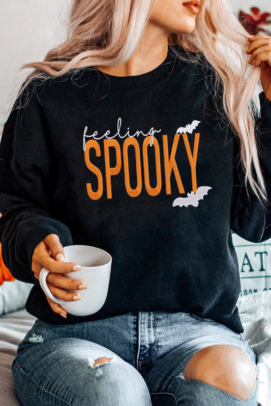 Black Feeling Spooky Halloween Embroidered Graphic Baggy Sweatshirt-Graphic/Graphic Sweatshirts-[Adult]-[Female]-Black-S-2022 Online Blue Zone Planet