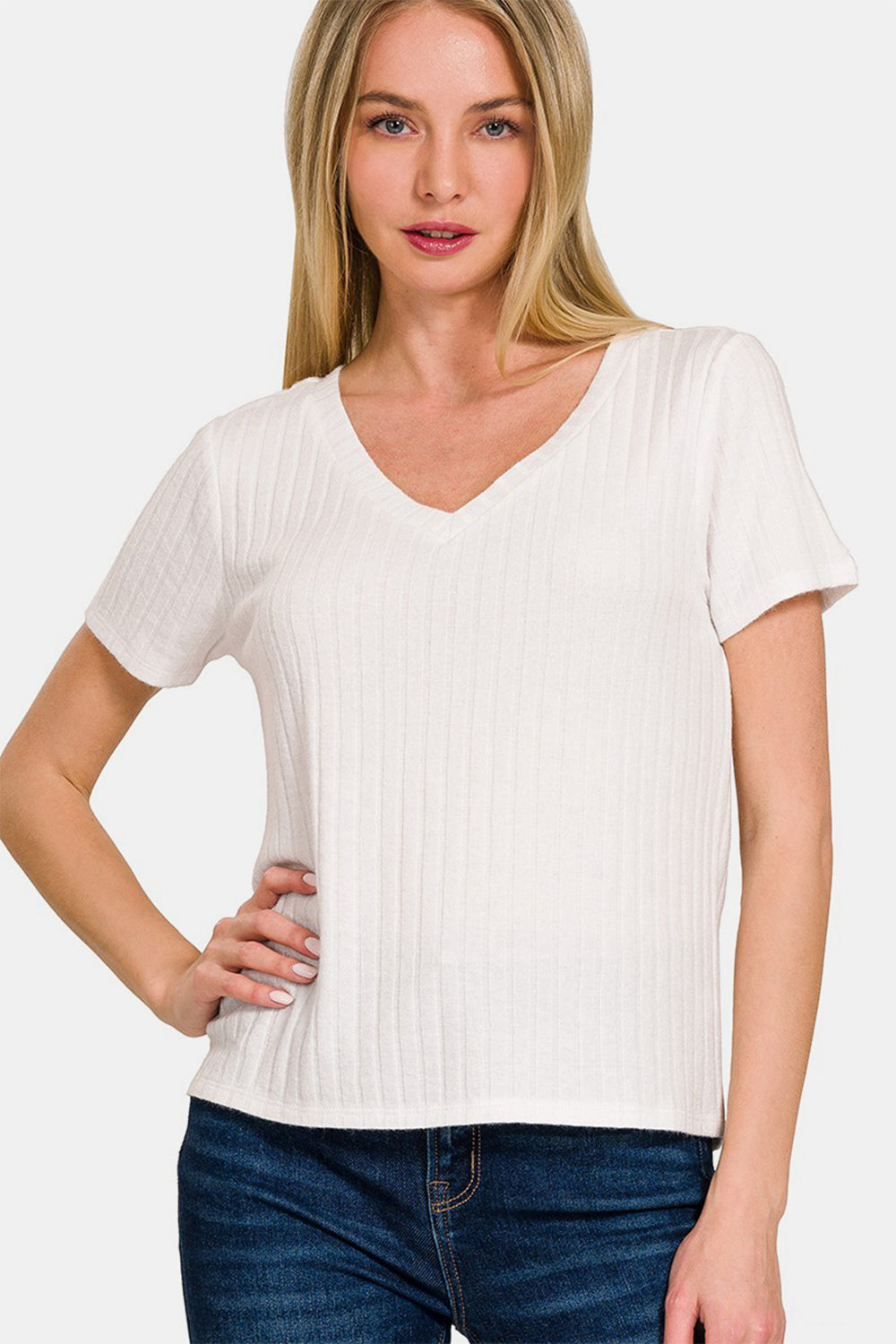 Zenana Ribbed Short Sleeve T-Shirt-TOPS / DRESSES-[Adult]-[Female]-Off White-S-2022 Online Blue Zone Planet