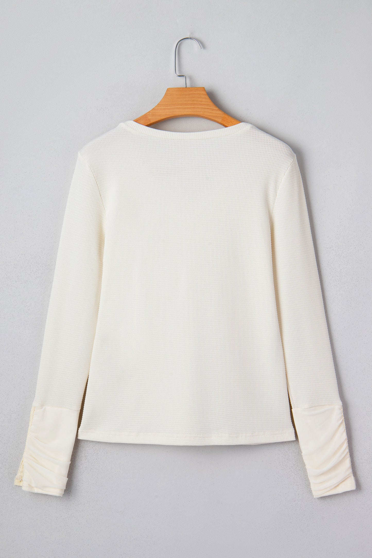 Beige Thermal Knit Lace Ruched Patchwork Long Sleeve V Neck Top-Tops/Long Sleeve Tops-[Adult]-[Female]-2022 Online Blue Zone Planet
