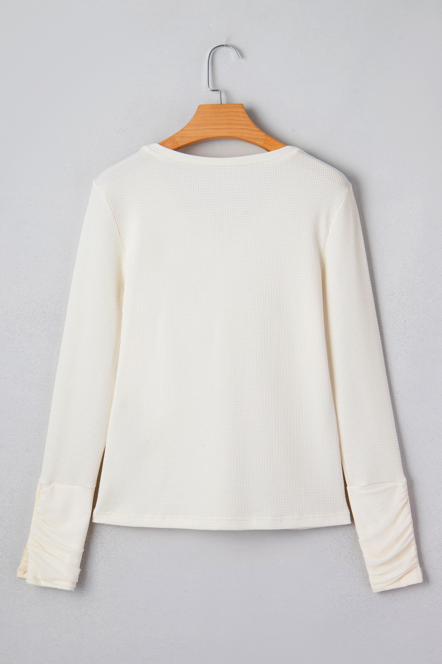 Beige Thermal Knit Lace Ruched Patchwork Long Sleeve V Neck Top-Tops/Long Sleeve Tops-[Adult]-[Female]-2022 Online Blue Zone Planet