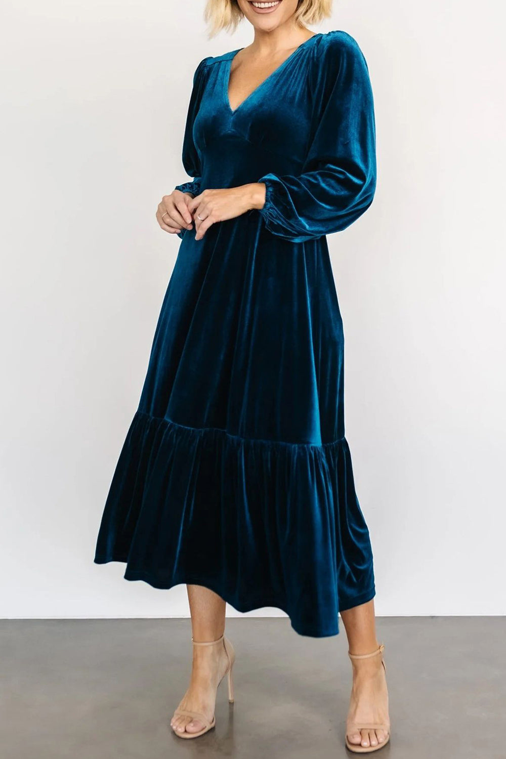 V-Neck Long Sleeve Midi Velvet Dress-TOPS / DRESSES-[Adult]-[Female]-2022 Online Blue Zone Planet