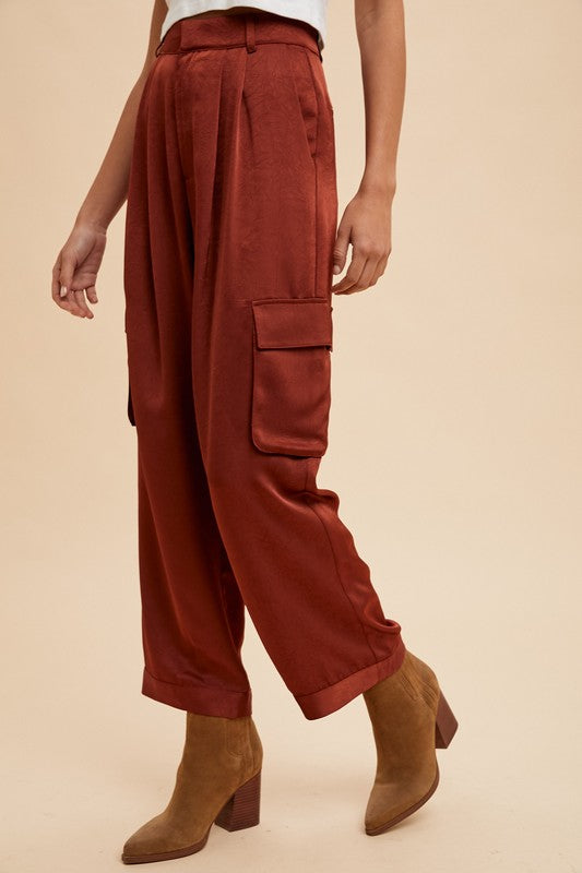 Annie Wear Wide Leg Cargo Satin Pants-BOTTOM SIZES SMALL MEDIUM LARGE-[Adult]-[Female]-2022 Online Blue Zone Planet