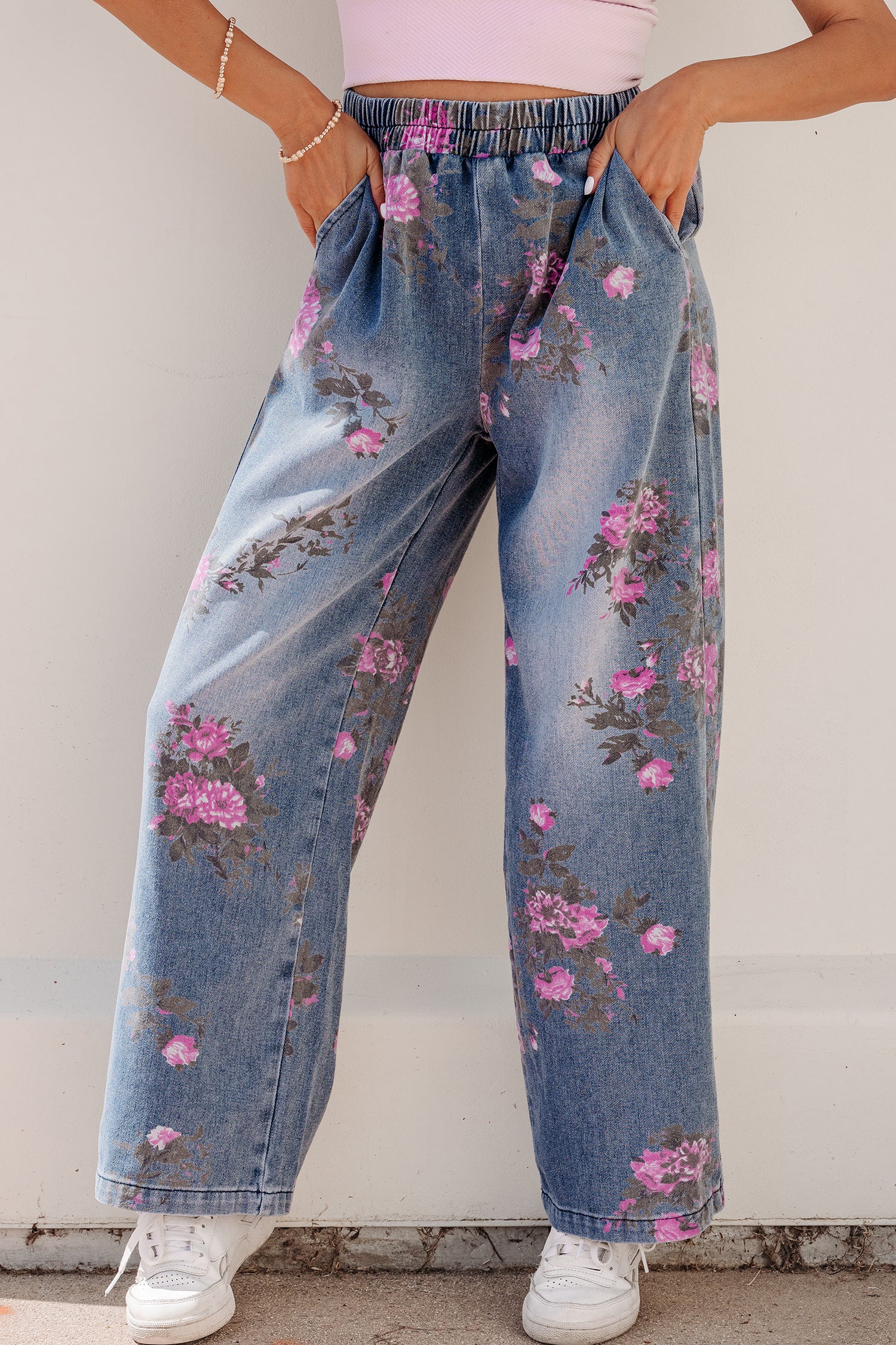 Beau Blue Floral Print Elastic Waist Pull On Casual Jeans-Bottoms/Jeans-[Adult]-[Female]-2022 Online Blue Zone Planet