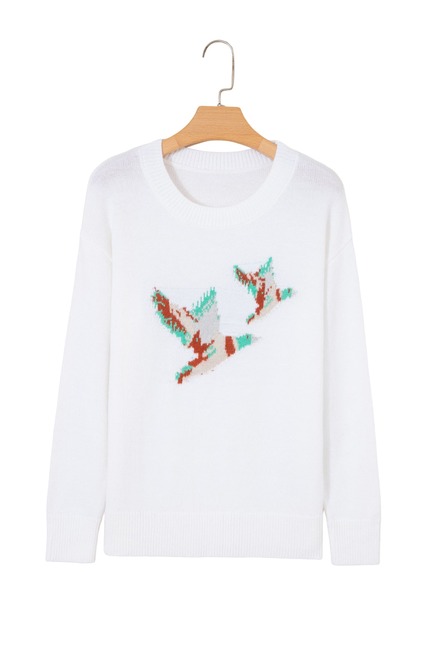 White Retro Flying Mallard Pattern Drop Shoulder Pullover Sweater-TOPS / DRESSES-[Adult]-[Female]-2022 Online Blue Zone Planet
