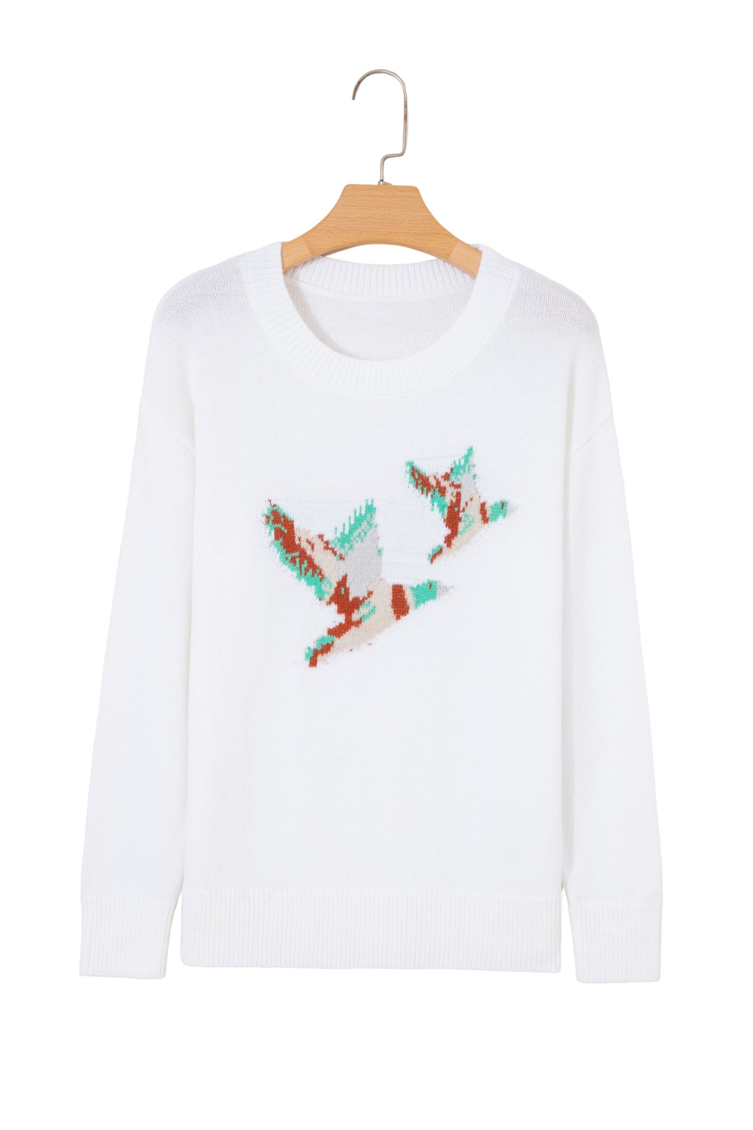 White Retro Flying Mallard Pattern Drop Shoulder Pullover Sweater-TOPS / DRESSES-[Adult]-[Female]-2022 Online Blue Zone Planet