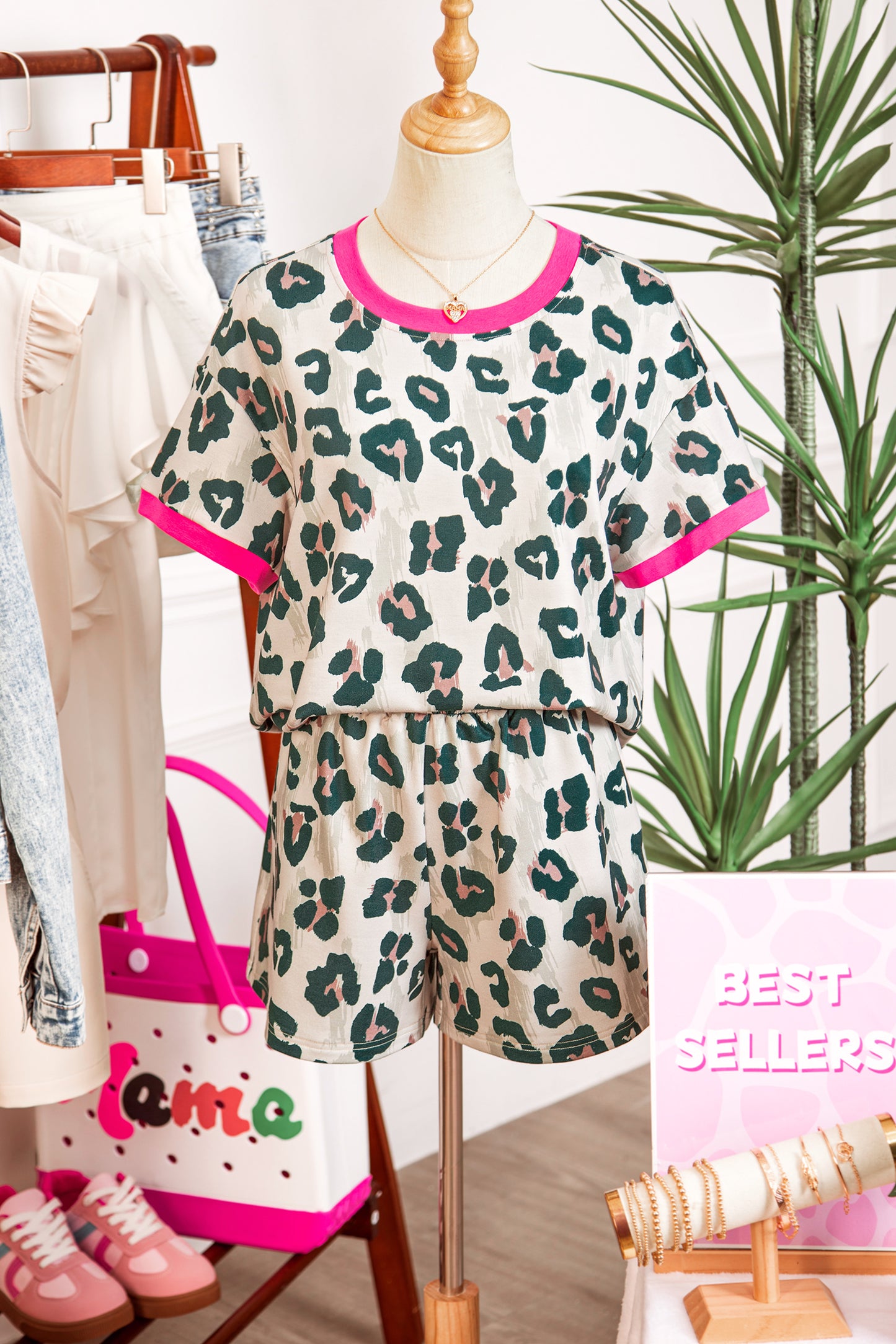 Brown Unique Leopard Print Contrast Trim Top Loose 2pcs Short Set-Two Piece Sets/Short Sets-[Adult]-[Female]-2022 Online Blue Zone Planet