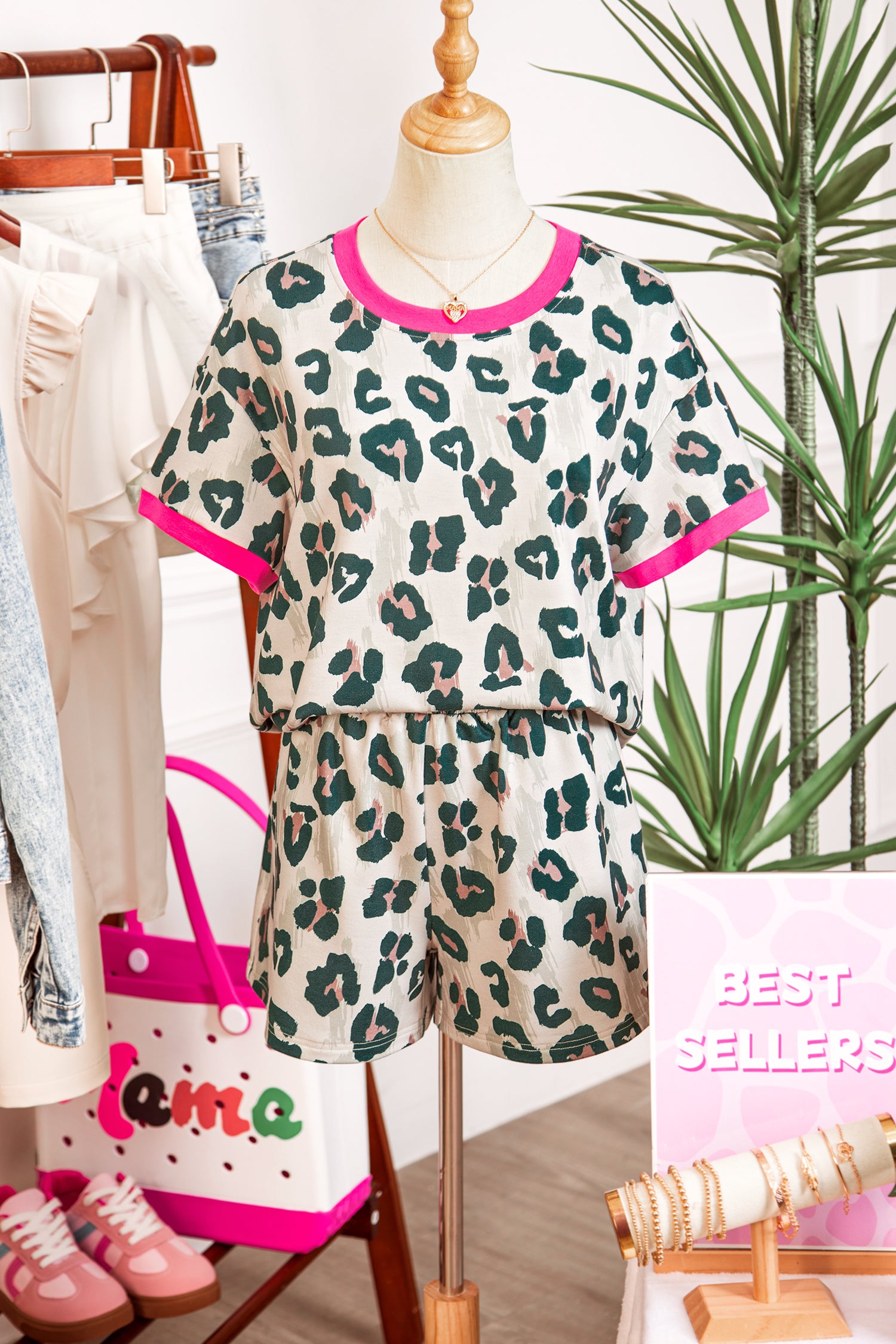 Brown Unique Leopard Print Contrast Trim Top Loose 2pcs Short Set-Two Piece Sets/Short Sets-[Adult]-[Female]-2022 Online Blue Zone Planet