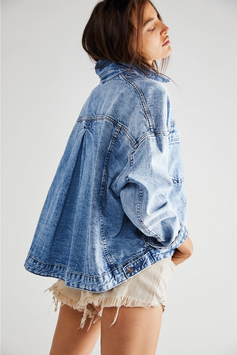 Blue Zone Planet | Sky Blue Stripe Washed Oversized Pocketed Denim Jacket-Jackets-[Adult]-[Female]-2022 Online Blue Zone Planet