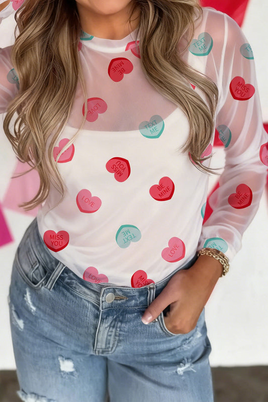 White Sheer Mesh Valentines Slogan Heart Printed Long Sleeve Top