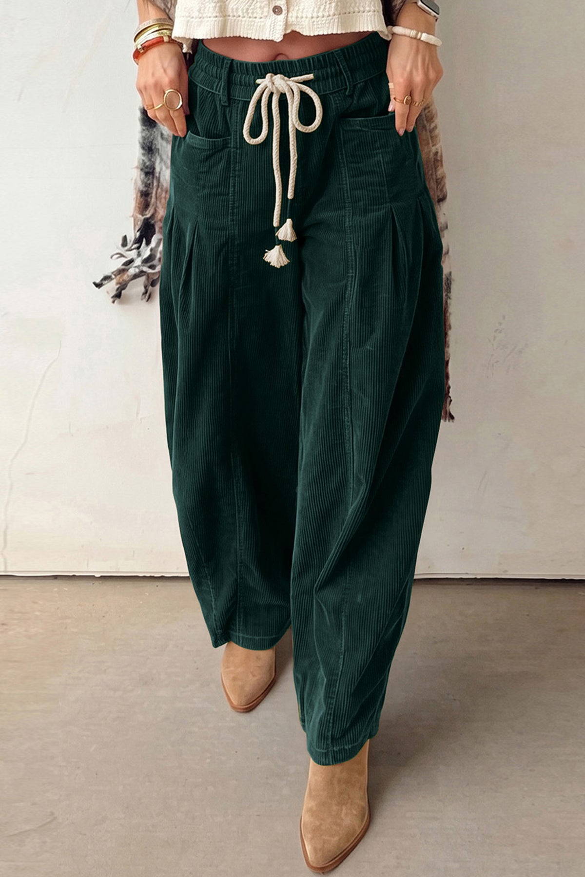 Blackish Green Elastic Waist Drawstring Corduroy Casual Pants-Bottoms/Pants & Culotte-[Adult]-[Female]-Blackish Green-S-2022 Online Blue Zone Planet