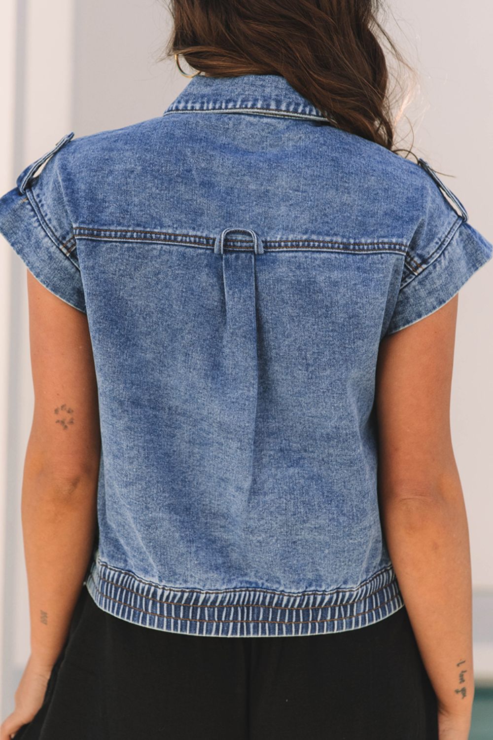 Button Up Cap Sleeve Denim Jacket-TOPS / DRESSES-[Adult]-[Female]-2022 Online Blue Zone Planet