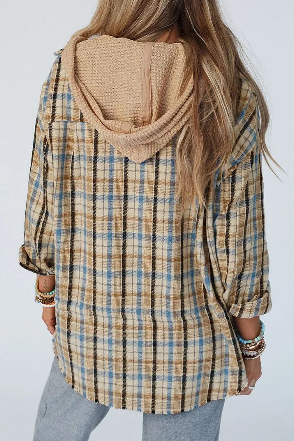 Drawstring Plaid Button Up Hooded Shacket-TOPS / DRESSES-[Adult]-[Female]-2022 Online Blue Zone Planet