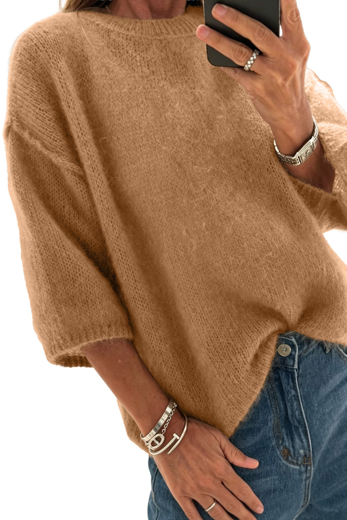 White Solid Color Knit Half Sleeve Round Neck Shift Sweater-TOPS / DRESSES-[Adult]-[Female]-2022 Online Blue Zone Planet