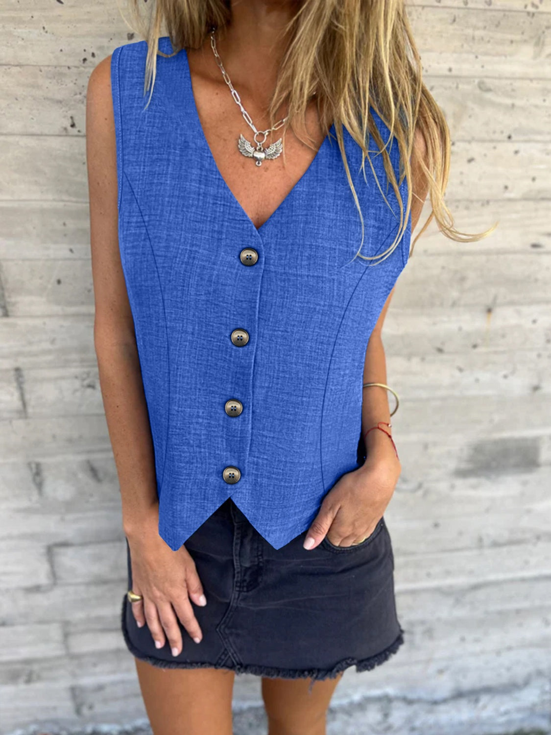 V-Neck Button Up Vest Coat-TOPS / DRESSES-[Adult]-[Female]-Royal Blue-S-2022 Online Blue Zone Planet