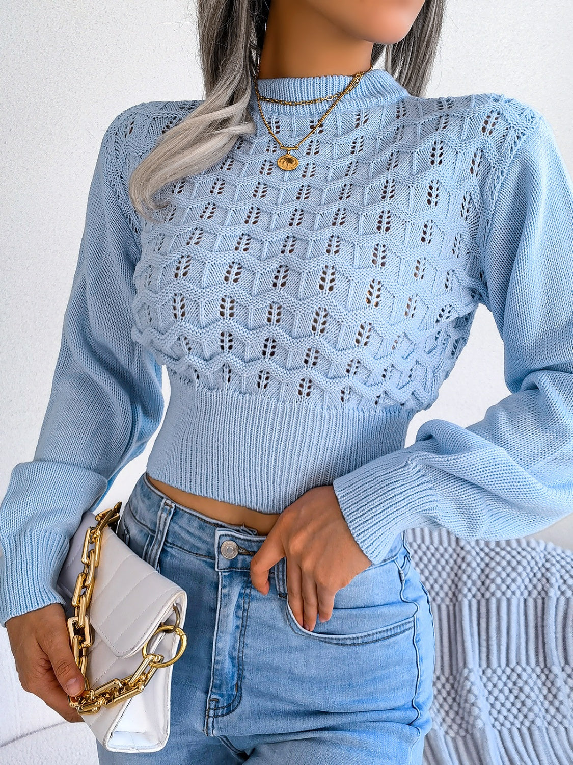 Blue Zone Planet | Openwork Mock Neck Long Sleeve Cropped Sweater-TOPS / DRESSES-[Adult]-[Female]-2022 Online Blue Zone Planet