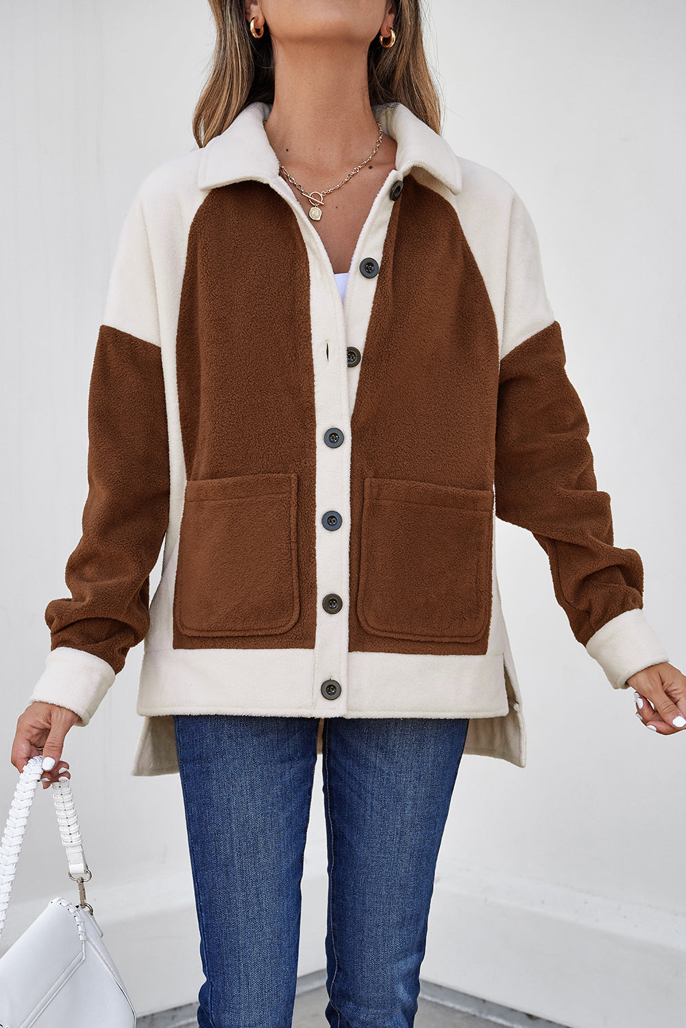Brown Color Block Patchwork Button Down Fleece Shacket-Outerwear/Jackets-[Adult]-[Female]-2022 Online Blue Zone Planet