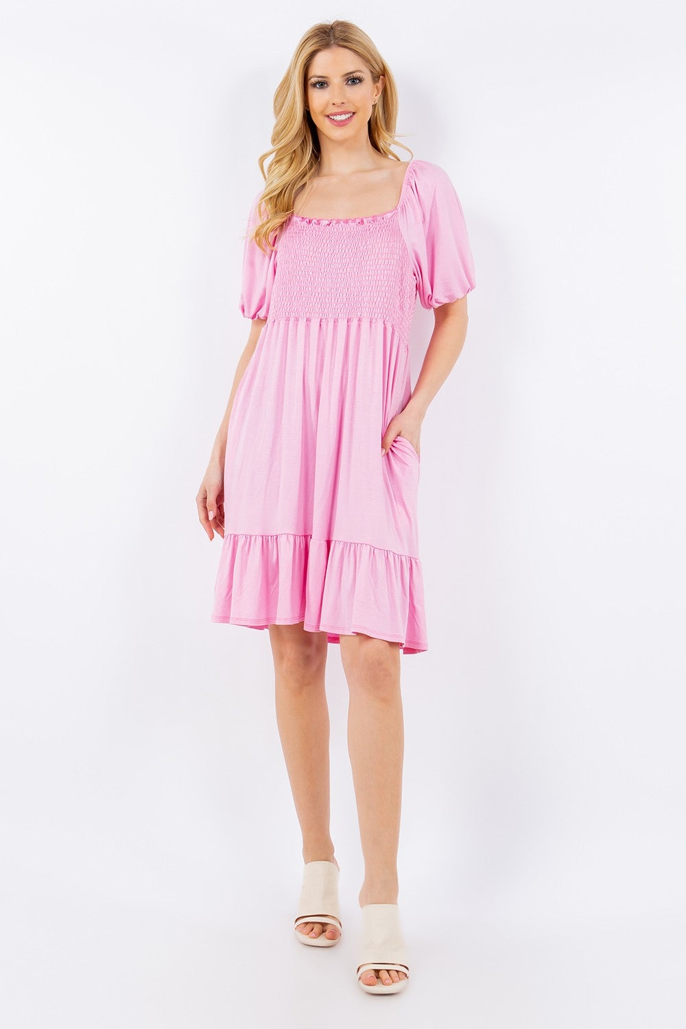 Celeste Full Size Ruffle Hem Short Sleeve Smocked Dress-TOPS / DRESSES-[Adult]-[Female]-Pink-S-2022 Online Blue Zone Planet