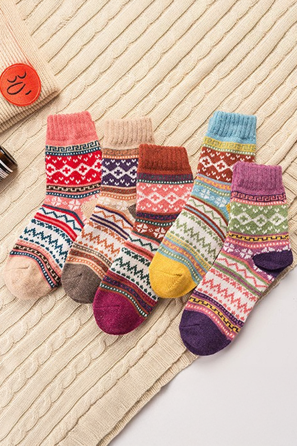 Camel Vintage Geometric Striped Warm Winter Socks-Accessories & Jewelry-[Adult]-[Female]-Camel-ONE SIZE-2022 Online Blue Zone Planet