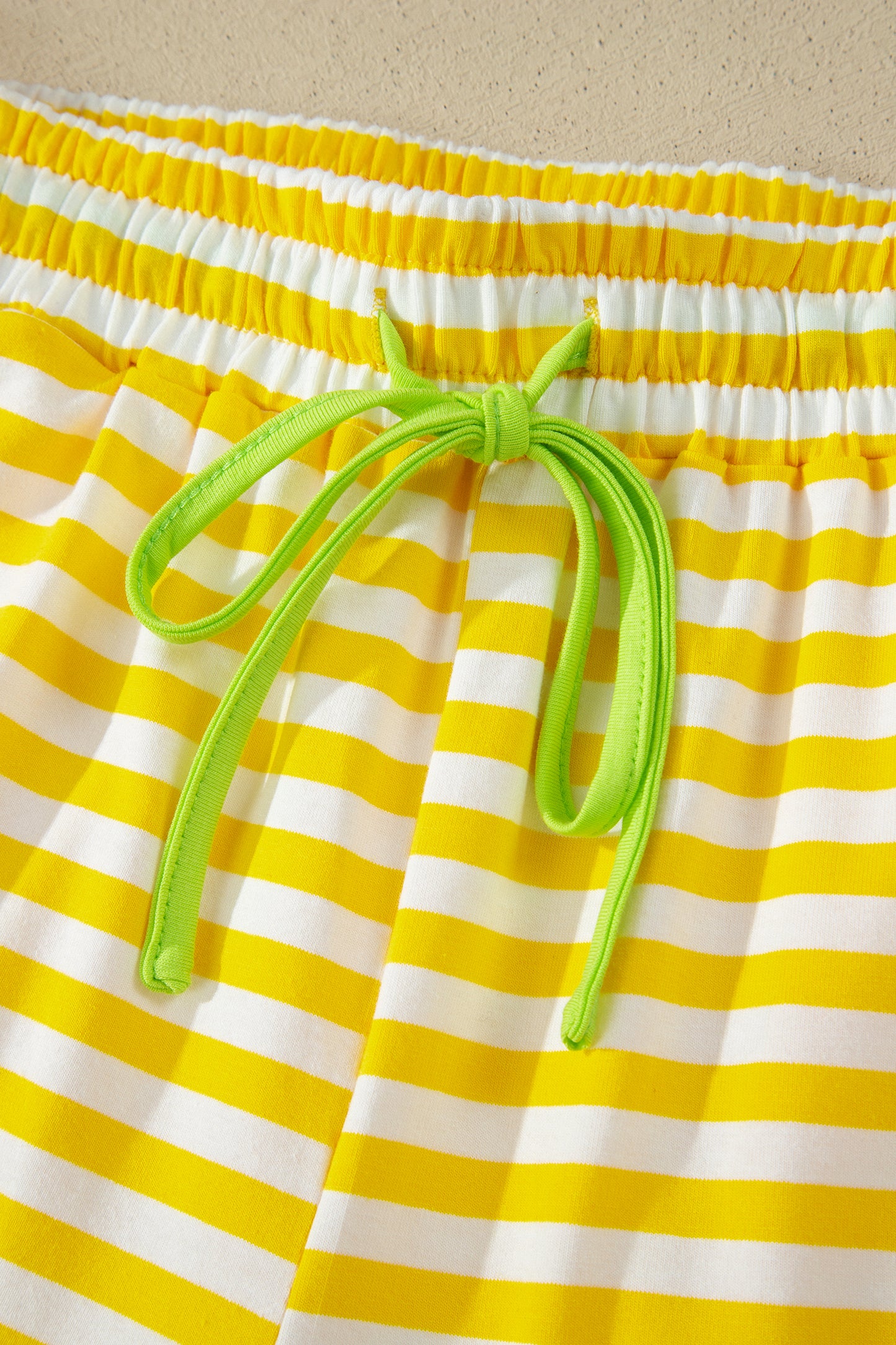 Yellow Stripe Contrast Neck Loose Tee and Drawstring Shorts Set-Two Piece Sets/Short Sets-[Adult]-[Female]-2022 Online Blue Zone Planet