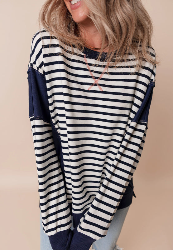 Exposed Seam Striped Long Sleeve Sweatshirt-TOPS / DRESSES-[Adult]-[Female]-2022 Online Blue Zone Planet