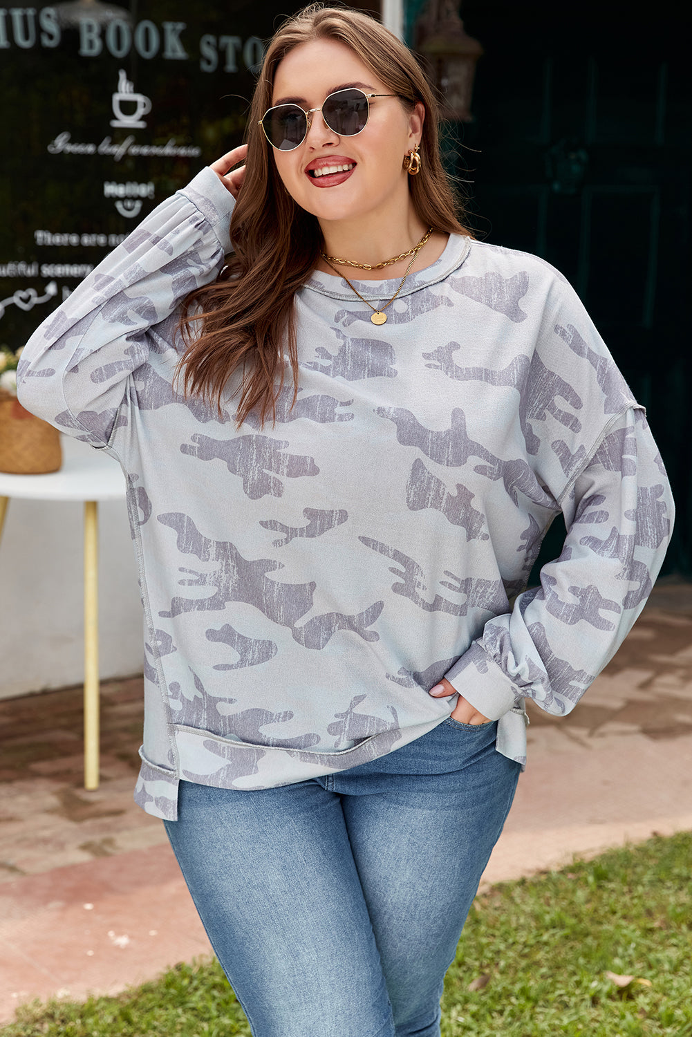 Multicolour Camouflage Print Round Neck Plus Size Sweatshirt-Plus Size/Plus Size Sweatshirts & Hoodies-[Adult]-[Female]-2022 Online Blue Zone Planet