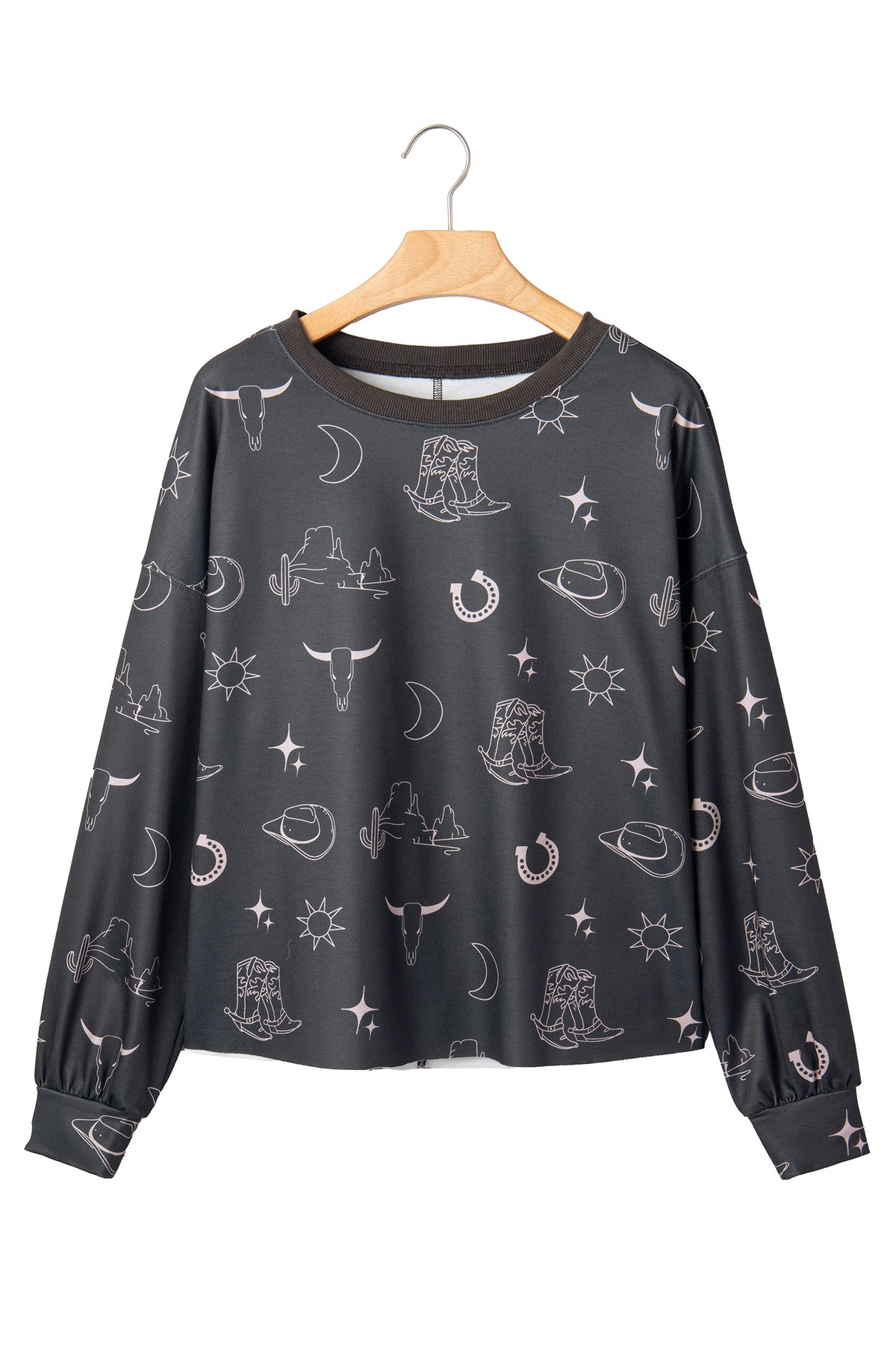Gray Western Print Crew Neck Sweatshirt-Tops/Sweatshirts & Hoodies-[Adult]-[Female]-2022 Online Blue Zone Planet