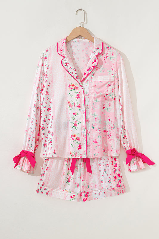 Pink Mixed Floral Print Contrast Piping Trim Satin Tie 2pcs Pajama Set-Loungewear & Sleepwear/Sleepwear-[Adult]-[Female]-2022 Online Blue Zone Planet