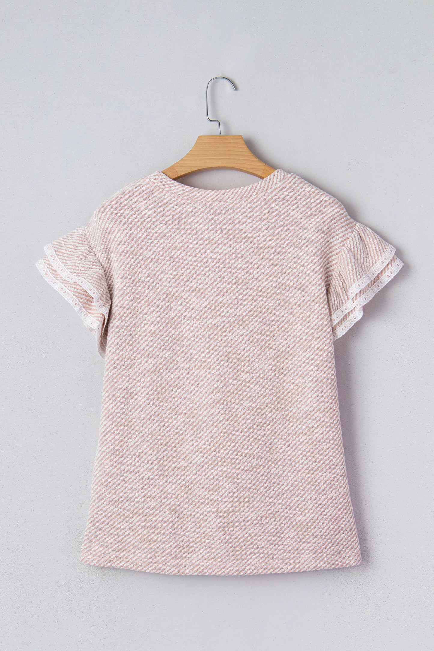 Light Pink Twilled Print Lace Trim Ruffled Short Sleeve Blouse-Tops/Blouses & Shirts-[Adult]-[Female]-2022 Online Blue Zone Planet