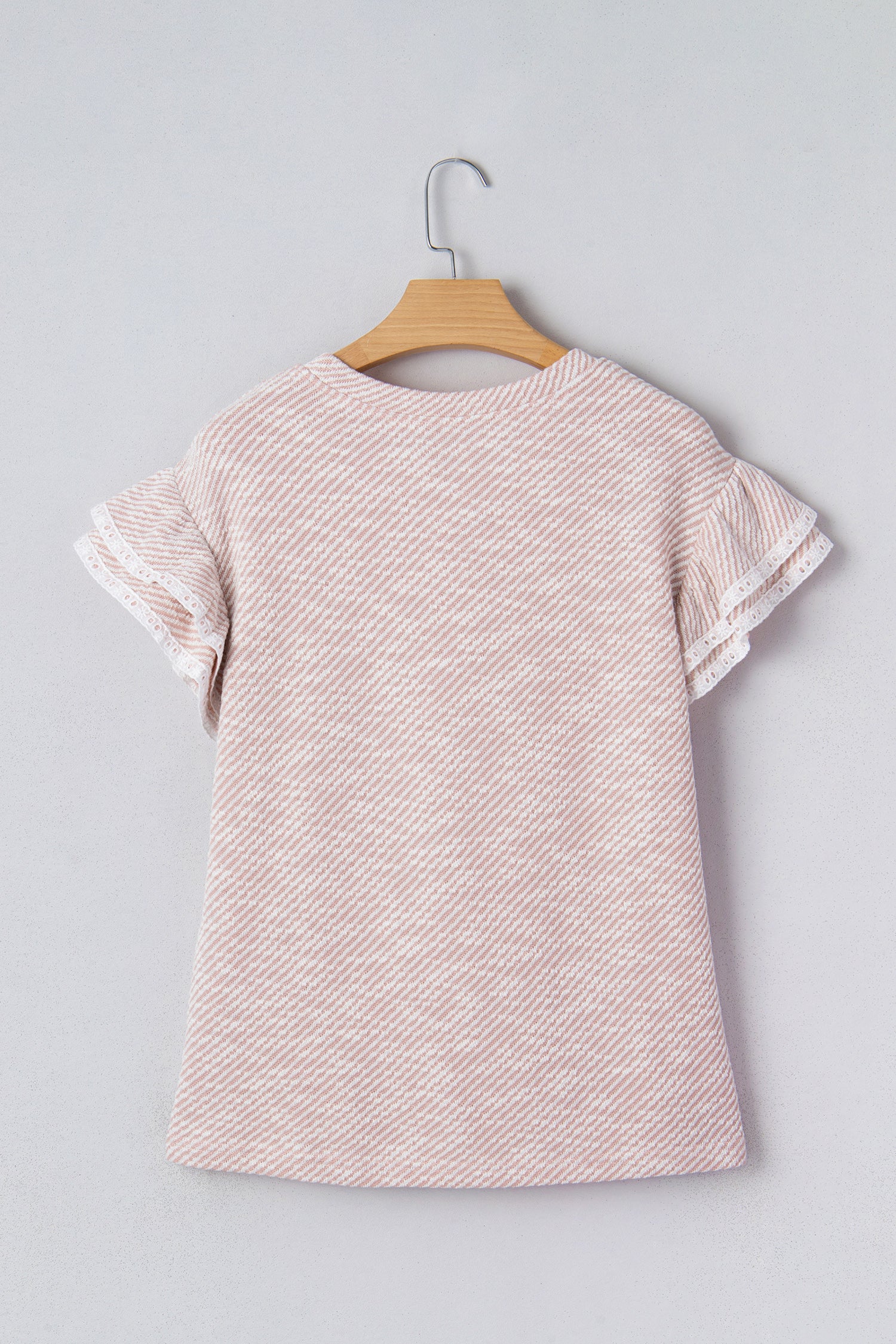 Light Pink Twilled Print Lace Trim Ruffled Short Sleeve Blouse-Tops/Blouses & Shirts-[Adult]-[Female]-2022 Online Blue Zone Planet