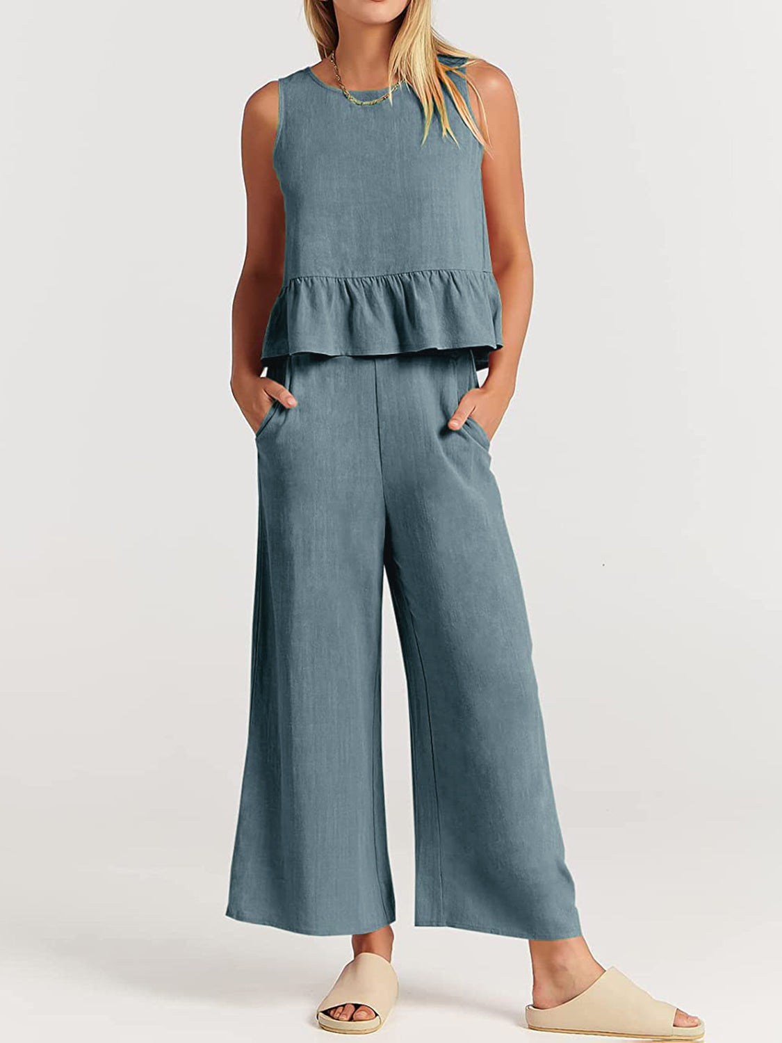 Blue Zone Planet | Full Size Round Neck Top and Wide Leg Pants Set-TOPS / DRESSES-[Adult]-[Female]-2022 Online Blue Zone Planet