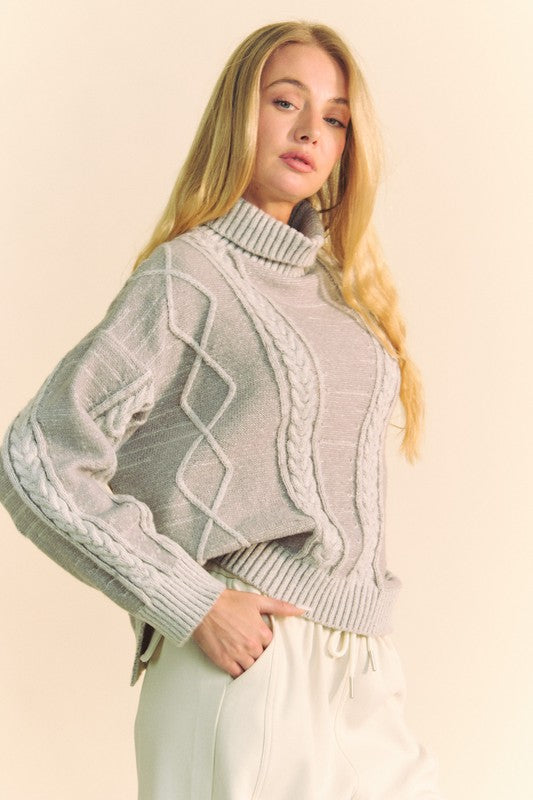 Blue Zone Planet |  Davi & Dani Cable-Knit Turtleneck Dropped Shoulder Sweater