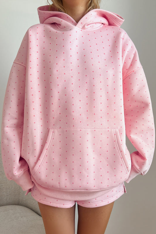 Pink Polka Dot Printed Oversized Hoodie Casual Shorts 2pcs Set-Two Piece Sets/Short Sets-[Adult]-[Female]-Pink-S-2022 Online Blue Zone Planet