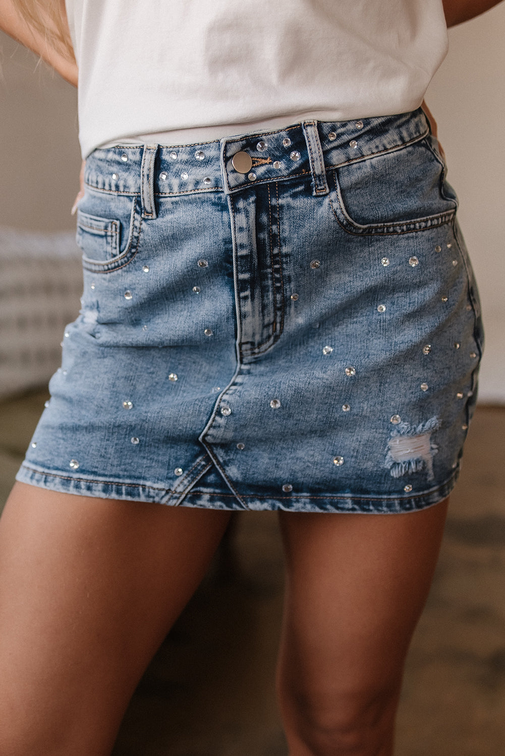 Dusk Blue Rhinestone Distressed Denim High Waist Mini Skirt-Bottoms/Skirts & Petticoat-[Adult]-[Female]-2022 Online Blue Zone Planet