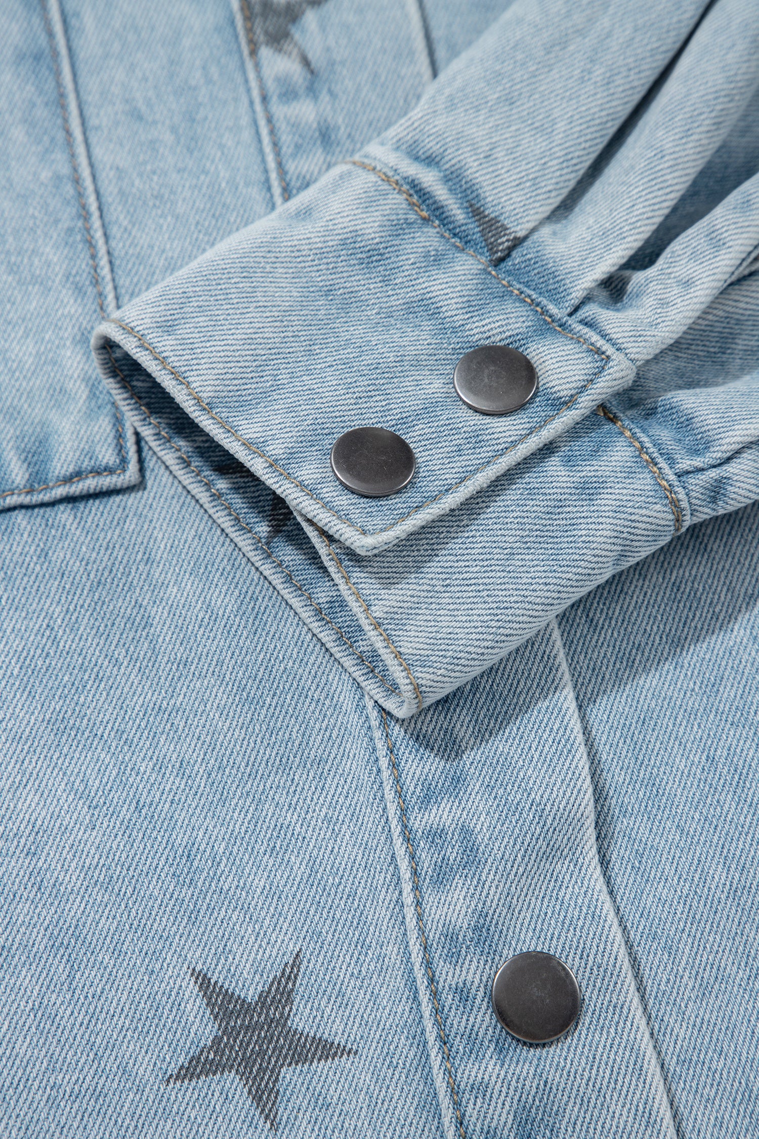 Sky Blue Stars Pattern Long Sleeve Shirt Collar Denim Jacket-Outerwear/Denim jackets-[Adult]-[Female]-2022 Online Blue Zone Planet