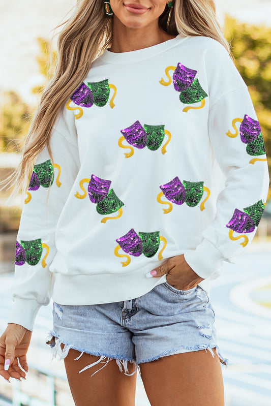 White Sequined Mardi Gras Mask Pattern Drop Shoulder Sweatshirt-Graphic/Graphic Sweatshirts-[Adult]-[Female]-White-S-2022 Online Blue Zone Planet