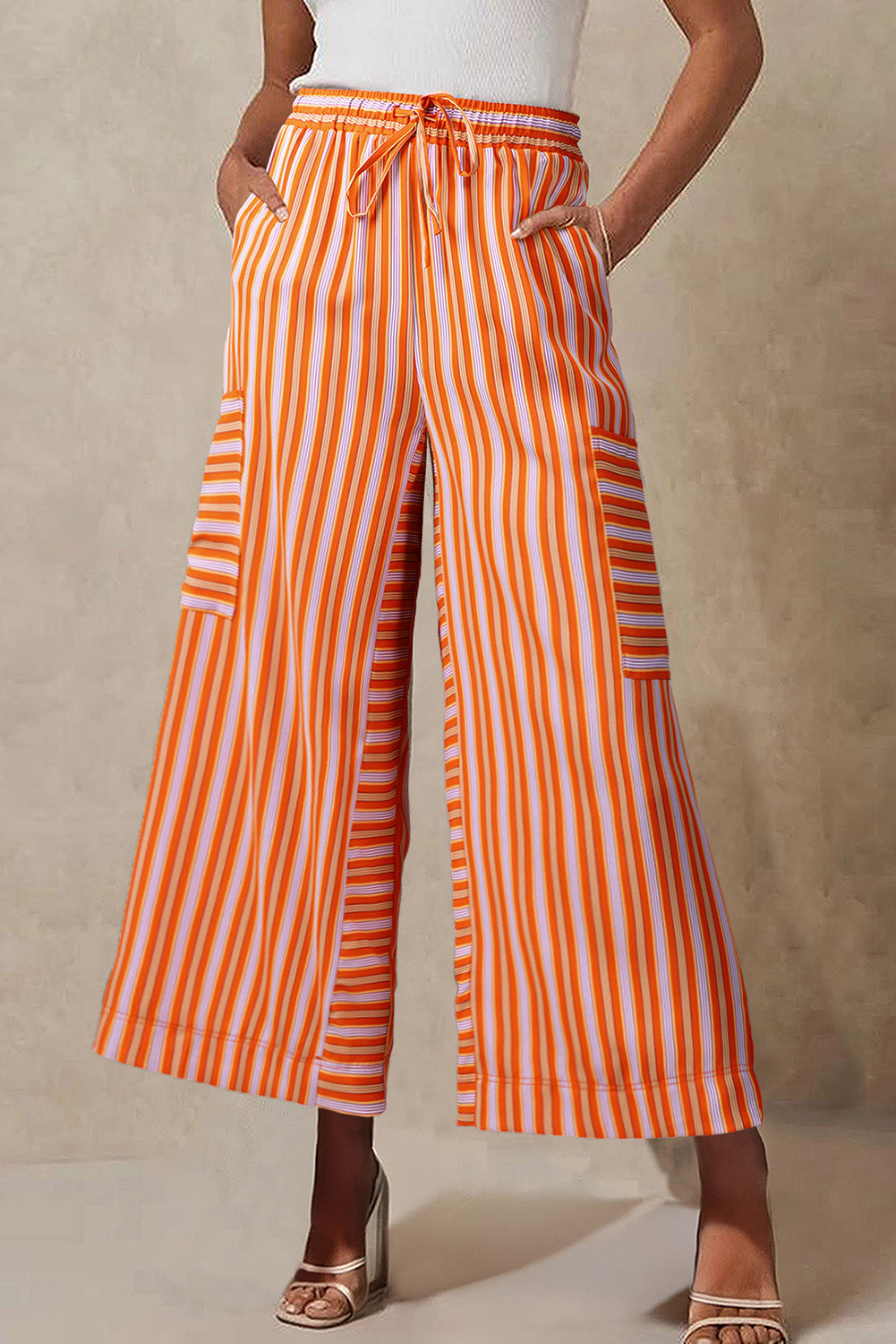 Orange Stripe Cropped Palazzo Pants with Pockets-Bottoms/Pants & Culotte-[Adult]-[Female]-Orange Stripe-S-2022 Online Blue Zone Planet