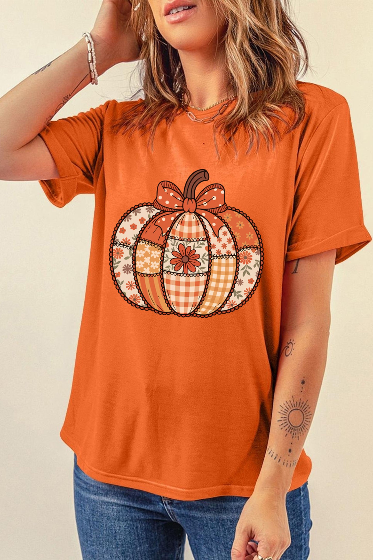 Orange Patchwork Pumpkin Graphic Print Crewneck  T-Shirt
